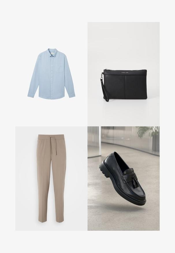 Lyseblå langermet skjorte laget av stoff med teksturert mønster, med krage som kan lukkes med knapper og en enkelt brystlomme.; Lys beige bukser med elastisk talje, justerbar snor og avsmalnede ben. Stoffet ser glatt ut med en svak glans.; Svarte skinnloafers med jevn finish, dekorativ dusk, tykk gummisåle og syede detaljer. Lettvektig og elegant design.; Svart syntetisk clutch med glidelås, håndleddsrem og en glatt tekstur. Har subtil søm og et logo preget på forsiden.