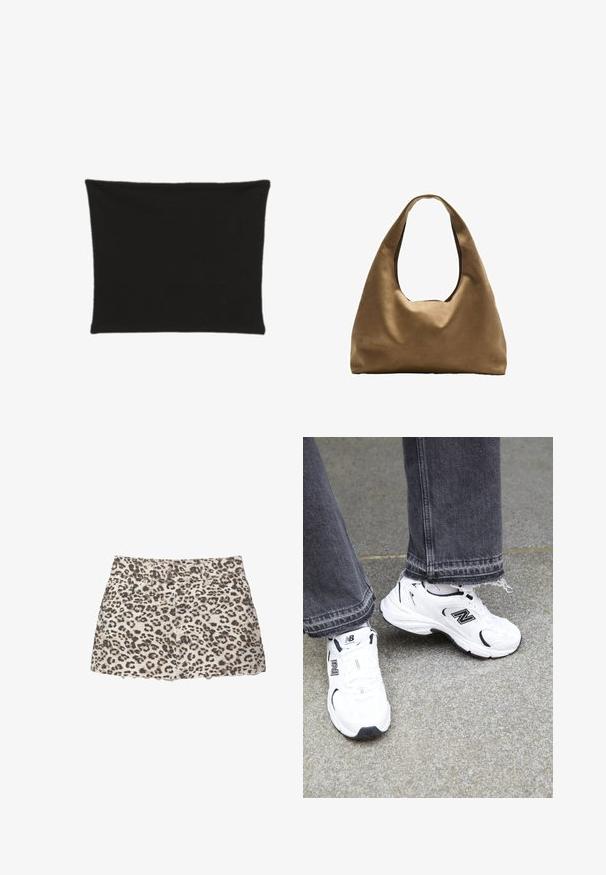 Sort rektangulær pudeovertræk lavet af stof, med en glat tekstur uden mønstre eller dekorationer. Enkelt, minimalistisk design.; Leopardmønstret denim mini nederdel med fransede kanter, der har forlommer og et klassisk talje med to metalknapper.; Hvide New Balance sneakers har en overdel i mesh og syntetisk materiale med sorte detaljer. Båret sammen med grå jeans med frynset kant på en struktureret overflade.; Brun stof skuldertaske med en bred, rundet krop og et stort udsnit håndtag. Blød tekstur, minimalistisk design og ingen synlig hardware.