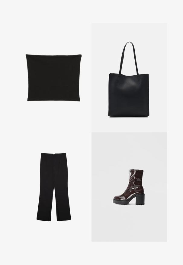 Schwarze rechteckige Kissenhülle aus Stoff, mit glatter Textur, ohne Muster oder Verzierungen. Einfaches, minimalistisches Design.; Schwarze Hose mit geradem Schnitt, ausgestattet mit Fronttaschen und Seitenschlitzen am Saum. Hergestellt aus weichem, glattem Stoff. Geeignet für verschiedene Anlässe.; Glatte bordeauxrote Ankle Boots mit einem klobigen schwarzen Absatz, die eine glatte Oberfläche und ein einfaches Design aufweisen. Keine sichtbaren Verschlüsse oder Muster.; Schwarze Laptoptasche aus Leder mit glatter Textur, rechteckiger Form und zwei langen Griffen. Keine sichtbaren Beschläge oder Verzierungen.