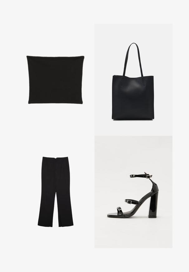 Zwarte rechthoekige kussensloop van stof, met een gladde textuur zonder patronen of versieringen. Eenvoudig, minimalistisch ontwerp.; Zwarte broek met een rechte pasvorm, voorzien van zijzakken en plooien aan de onderzijde. Gemaakt van zachte, gladde stof. Geschikt voor verschillende gelegenheden.; Zwarte gepatenteerde sandalen met hak en een vierkante neus, enkelbandjes en zilveren gespen. Heeft een stevige blokhak voor stabiliteit.; Zwarte leren handtas met een gladde textuur, rechthoekige vorm en twee lange handvaten. Geen zichtbare hardware of versieringen.