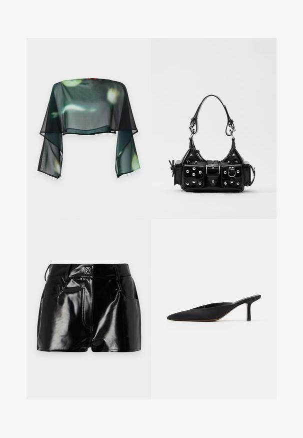 Blouse noire courte en voile avec des manches évasées fluides et un imprimé floral vert et jaune. Fini avec un bord noir le long de l'ourlet.; Shorts noirs et brillants en matériau synthétique. Présentent une taille ajustée, des passants de ceinture et des poches avant avec des détails de couture prononcés.; Mule noir à bout pointu avec un design élégant, fabriqué en tissu lisse, présentant un talon fin et un dos ouvert pour faciliter l'enfilage.; Sac à main en cuir noir au design courbé, avec des clous en argent, une boucle et deux poches latérales. Bandoulière réglable pour différentes options de transport.