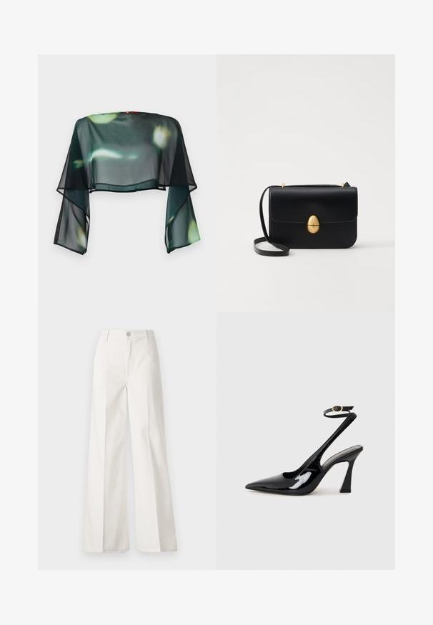 Durchsichtige, kurze schwarze Bluse mit schwingenden Glockenärmeln und einem floralem Muster in Grün und Gelb. Abgerundet mit einem schwarzen Saum.; Weiße weite Hosen aus Baumwolle mit glatter Textur. Sie verfügen über einen vorderen Knopf, einen Reißverschluss und ein Design mit vier Taschen.; Schwarze Lackleder-Slingbacks mit spitz zulaufender Zehenpartie, verstellbarem Knöchelriemen und moderatem Blockabsatz. Glatte Textur mit glänzender Oberfläche.; Schwarze Lederhandtasche mit strukturierter rechteckiger Form. Verfügt über einen goldenen ovalen Verschluss und einen dünnen Schulterriemen. Glatte Textur.