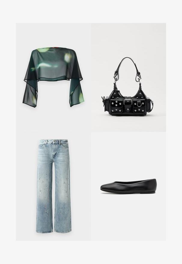 Przezroczysta, krótka czarna bluzka z luźnymi rękawami w kształcie dzwonu i kwiatowym wzorem w zielono-żółte motywy. Wykończona czarną lamówką na końcu.; Jasnoniebieskie dżinsy typu wide-leg wykonane z denimu, z gradientowym efektem kolorystycznym i ozdobami z srebrnych cyrkonii w pionowym wzorze.; Paul Smith TOPANGA czarny; Czarna skórzana torebka w zakrzywionym kształcie, z srebrnymi ćwiekami, klamrą i dwoma bocznymi kieszeniami. Regulowany pasek umożliwiający różne opcje noszenia.