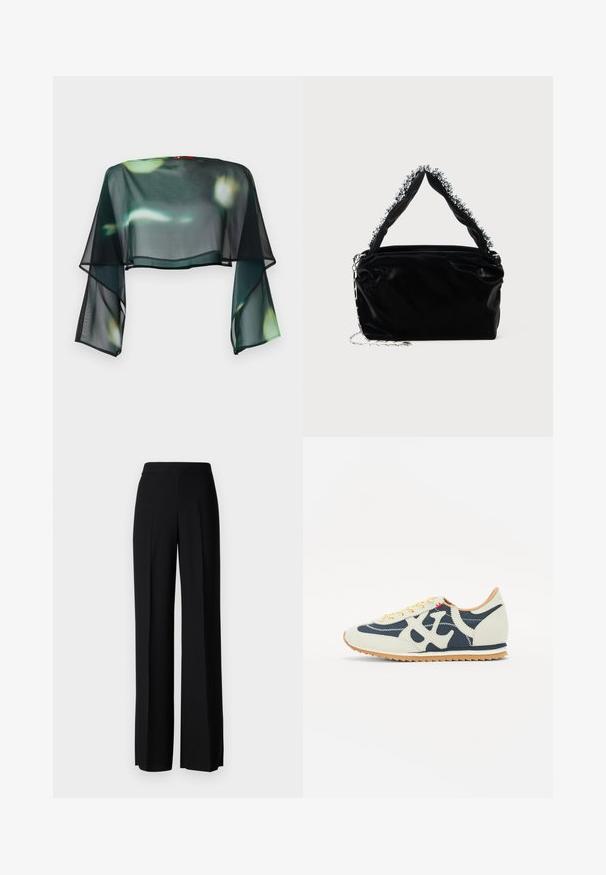 Doorzichtige, cropped zwarte blouse met vloeiende klokkende mouwen en een groene en gele bloemenprint. Afgewerkt met een zwarte rand langs de zoom.; Zwarte wijde broek met een gladde textuur, voorzien van een hoge tailleband en middelste plooien. Geen zichtbare patronen of hardware-details.; Sneaker met een mix van crème, marineblauw en suède materialen, vetersluiting, diagonale stiksels en een rubberen zool met grip.; Zwarte nep leren handtas met een gestructureerde afwerking, voorzien van een bewerkte zilveren accent langs de bovenste handgreep en een schouderband van kettingen.