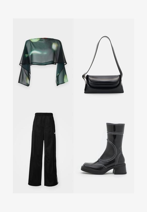 Prozirna, kratka crna bluzica s lepršavim zvonastim rukavima i cvjetnim uzorkom u zelenoj i žutoj boji. Završena crnim obrubom duž rubova.; Crne široke trenirke s elastičnom gumom u struku, s bijelim bočnim trakama i malim logotipom na lijevom kuku. Glatka tekstura materijala.; Crne lakirane gležnjače s bijelim šavovima, zaobljenim vrhom i blok petom. Imaju zakrivljene dizajnerske linije i glatku teksturu.; Crna kožna torba s oblikom koji je strukturiran, glatkom teksturom i jednim remenom za rame. Ima suptilan, zaokružen dizajn preklopa.
