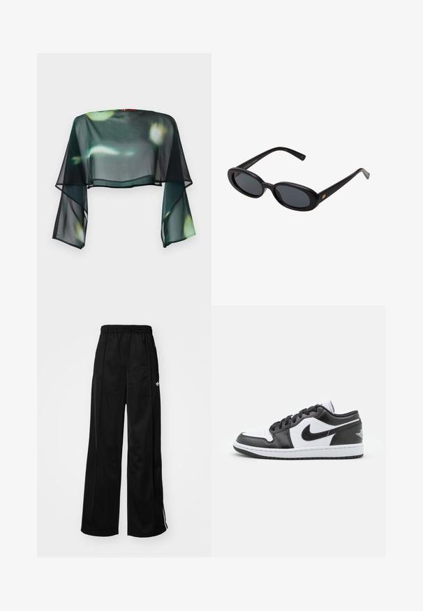 Caura, īsa melna blūze ar plūstošām zvanu piedurknēm un ziedu zaļā un dzeltenā rakstā. Apdare ar melnu apmalīti pa apakšu.; Melnas platajās sporta bikses ar elastīgu vidukli, ar baltām sānu svītrām un mazu logo kreisajā gurnā. Gluda auduma tekstūra.; Melnbalti Nike zemāko sporta apavu modeļi ir ar gludu ādas virsu, apaļu purngalu, saistošo aizdari un rakstainu gumijas zoli.; Melnu pārspīlēto saulesbrilles ar ovālām lēcām, gludu plastmasas rāmja un zelta akcentiem uz tempļiem. Tumšie lēcas nodrošina saules aizsardzību.