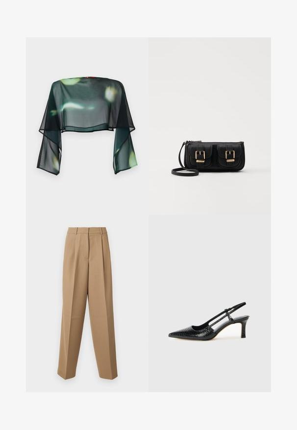 Gjennomsiktig, kort svart bluse med flytende klokkeermer og et blomstret mønster i grønt og gult. Avsluttet med en svart kant langs kanten.; Beige skræddersyede bukser med høj talje, plisseret front og brede ben. Stof virker glat med en let glans.; Sorte patent slingback hæl med spids tå, featuring tekstureret slangeskind, justerbar rem og en kort, tekstureret blokhæl.; Svart skinn crossbody veske med to frontlommer, gyldne spenner, glidelåslukking og en slank stropp. Teksturert overflate og kompakt rektangulær form.