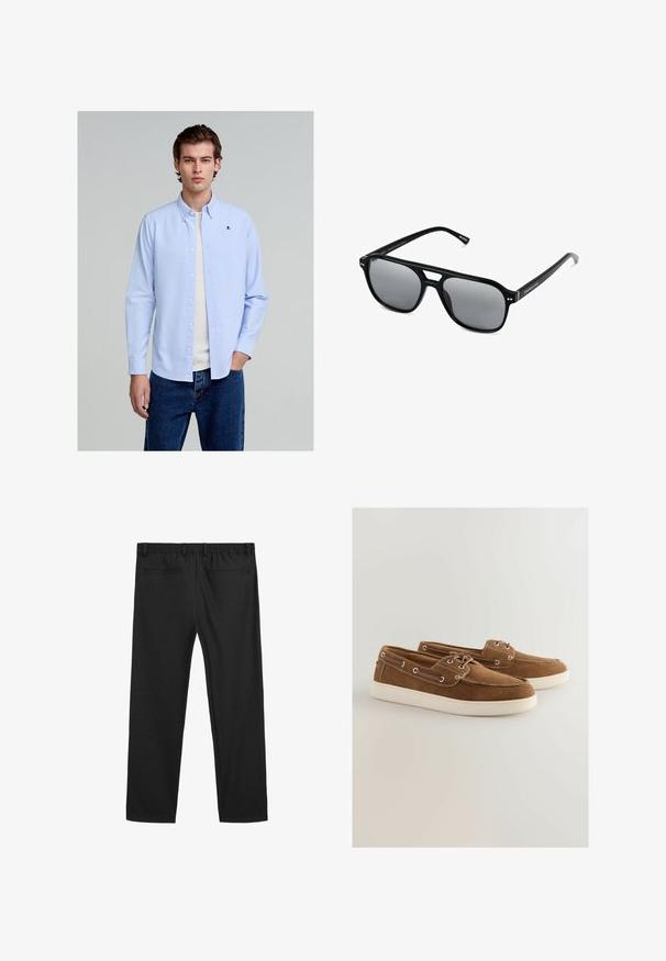 Hellblaues Button-Down-Hemd aus Baumwolle mit einem kleinen schwarzen Totenkopf-Logo auf der Brust, kombiniert mit blauen Jeans.; Schwarze Leggings mit elastischem Bund, zwei Gesäßtaschen und weit geschnittenem Stil. Glatte Stofftextur und gerades Bein-Design.; Braune Wildlederschuhe mit einer weißen Gummisohle, Schnürdesign, metallischenösen und kontrastierenden Nähten entlang der Kanten.; Schwarze Sonnenbrille mit rechteckigen Rahmen, grauen getönten Gläsern und einer Aussparung im Nasensteg. Schlanker, glänzender Kunststoff, mit schmalen Bügeln.