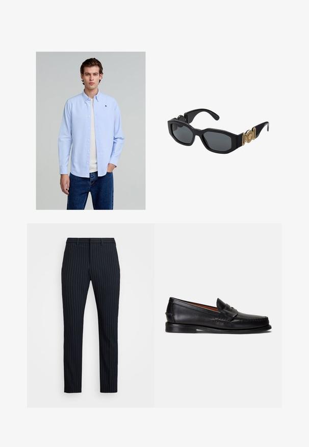 Hellblaues Button-Down-Hemd aus Baumwolle mit einem kleinen schwarzen Totenkopf-Logo auf der Brust, kombiniert mit blauen Jeans.; Marineblaue Nadelstreifen-Hosen mit Slim-Fit, flacher Vorderseite, Gürtelschlaufen und glatter Textur. Maßgeschneiderte Ausführung mit sauberem Finish.; Schwarze Lederloafer mit glatter Oberfläche, abgerundetem Zehenbereich und dekorativem Riemen über dem Spann. Verfügt über eine flache schwarze Sohle.; Schwarze Sonnenbrille mit einem massiven geometrischen Rahmen, dunklen Gläsern und goldenen Metallelementen an den Bügeln, die ein rundes Emblemdetail aufweisen.