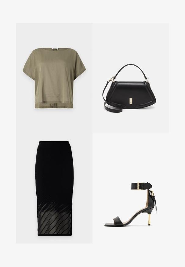Olivengrønn, kortermet topp laget av lett stoff, med løs passform og rett nederkant. Minimalistisk design med rund halslinning.; Svart skjørt med ribbe tekstur, med en gjennomsiktig bunn med horisontale striper. Designet er tettsittende og rekker til midt på leggen.; Svarte lær høyhælte sandaler med firkantet tå, ankelrem med gullspenne, og en slank metallhæl. Glatt tekstur, minimalistisk design.; Sort lærveske med en strukturert design, som har en avkortet form, topphåndtak og detaljer i gull. Justerbar skulderstropp inkludert.