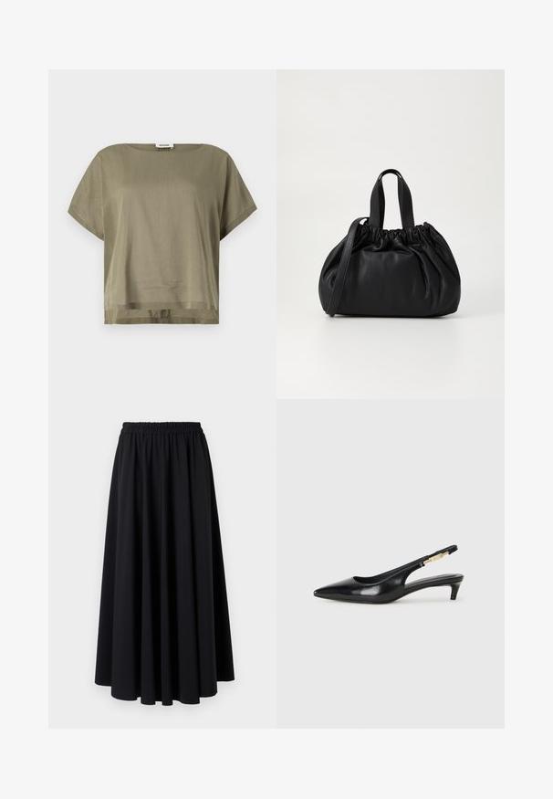 Top verde măsliniu, cu mâneci scurte, realizat dintr-un material ușor, cu o croială lejeră și un tiv drept. Design minimalistic cu guler rotunjit.; Fustă lungă până la podea, de culoare neagră, realizată dintr-un material moale, cu un brâu elastic larg, strâns și un design neted, fluid. Fără modele sau accente.; Sandale slingback din piele neagră cu vârf ascuțit, având un toc subțire și un accent de culoare aurie pe curea ajustabilă. Textură netedă.; Geantă de mână din piele neagră cu un design cu partea superioară plisată, având două mânere scurte și o curea lungă ajustabilă. Textură netedă, formă rotunjită.