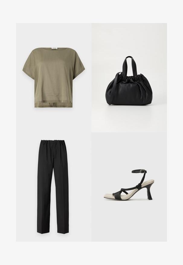 Olive green, short-sleeve top made of lightweight fabric, featuring a loose fit and a straight hem. Minimalistic design with rounded neckline.; Black trousers with a straight-leg design, featuring an elastic waistband and smooth texture. No visible patterns or hardware details.; Black heeled sandal with braided strap design, square toe, and adjustable ankle strap. Light beige footbed with a glossy black heel.; Black leather handbag with a gathered top design, featuring two short handles and a long adjustable strap. Smooth texture, rounded shape.