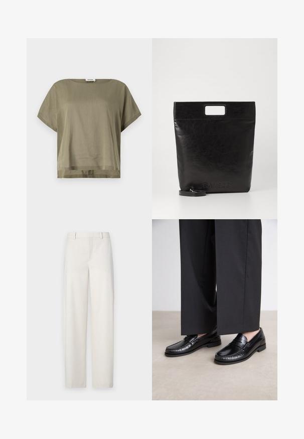 Oliwkowa bluzka z krótkim rękawem, wykonana z lekkiego materiału, charakteryzująca się luźnym krojem i prostym dołem. Minimalistyczny design z okrągłym dekoltem.; Jasno beżowe spodnie wykonane z gładkiego materiału, o prostym kroju, z płaskim przodem, szlufkami na pasek i bocznymi kieszeniami.; Czarne skórzane loafersy o gładkim wykończeniu, z haftowanym detalem wokół palców oraz niską gumową podeszwą. W zestawieniu z szerokimi czarnymi spodniami.; Czarna skórzana torba na ramię z kwadratowym uchwytem, z teksturowanym wykończeniem i wytłoczonym logo. Zawiera odpinany pasek.