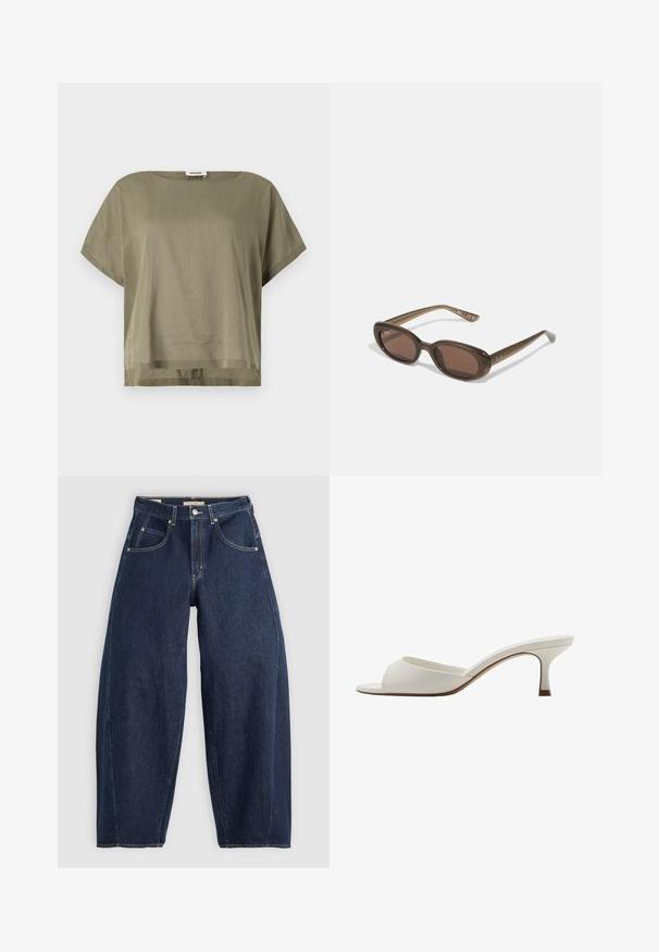 Olive green, short-sleeve top made of lightweight fabric, featuring a loose fit and a straight hem. Minimalistic design with rounded neckline.; Dark blue denim jeans with a loose fit, light stitching, five pockets, and a button closure at the waistband.; White open-toed high-heeled mules with a smooth finish, minimalist design, and a slender heel, featuring a subtle brown accent on the sole.; Brown oval sunglasses with dark lenses. Frame has a transparent brown material and features a logo printed on the temples.
