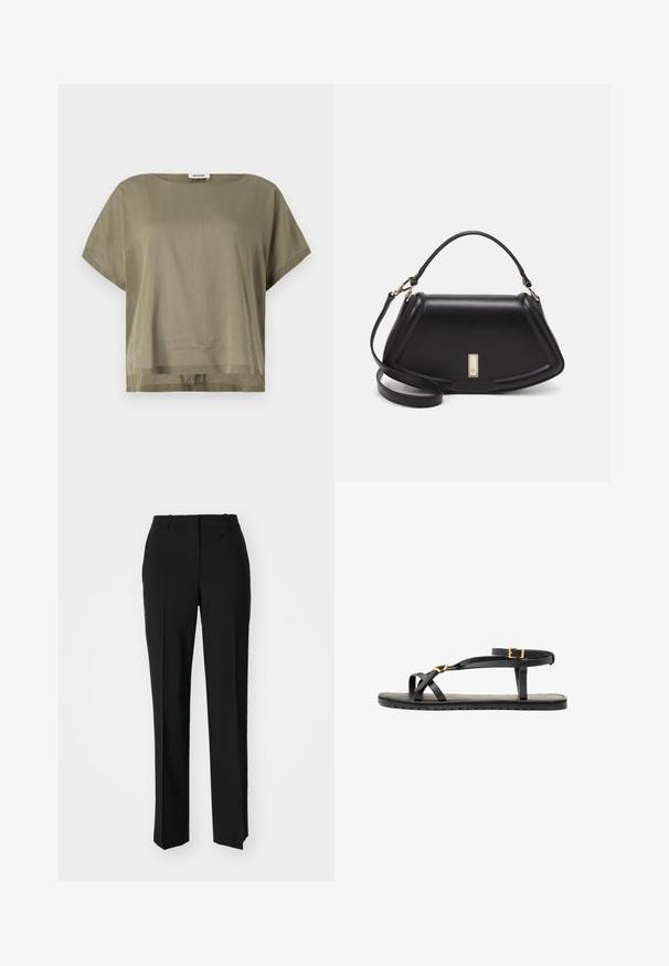 Top verde oliva a maniche corte realizzato in tessuto leggero, con una vestibilità ampia e un orlo dritto. Design minimalista con scollatura arrotondata.; Pantaloni neri su misura con un design a gamba dritta, caratterizzati da una texture liscia e pieghe ben definite sul davanti. Senza hardware visibile.; Sandali neri in pelle con sottili cinturini e una cinghia alla caviglia con fibbia. Suola piatta con una finitura texturizzata e bordo a zigzag. Design minimalista.; Borsa a mano in pelle nera con un design strutturato, caratterizzata da una forma corta, manico superiore e accessori in metallo dorato. Inclusa tracolla regolabile.