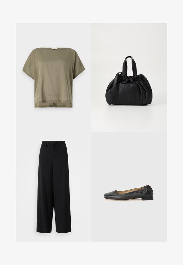 Top verde oliva de mangas curtas, feito de tecido leve, com um corte solto e bainha reta. Design minimalista com decote redondo.; Calças largas pretas feitas de tecido suave, apresentando um design de frente plana, detalhes pregueados e passadores de cinto na cintura.; Sapatilhas de balé em couro preto com bico arredondado e costura mínima. Salto retangular baixo e textura suave. Detalhe discreto no forro interior.; Bolsa de couro preta com um design de topo franzido, apresentando duas alças curtas e uma alça longa ajustável. Textura suave, formato arredondado.