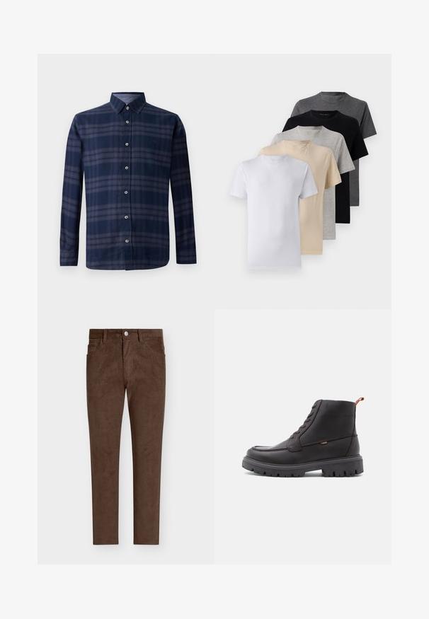 Hosszú ujjú, sötétkék kockás ing, gombos elülső résszel és hegyes gallérral, fehér háttér előtt bemutatva.; Öt darab rövid ujjú póló szett fehér, bézs, világosszürke, sötétszürke és fekete színekben. Simaságot biztosító pamutból készült, kerek nyakkivágással.; Barna kordbársony nadrág egyenes szabással, gombzárral, elülső zsebekkel és függőleges bordázott textúrával az egész felületen.; Barna bőr bokacsizma kerek orral, tónusos varrással, strapabíró fekete gumitalppal és narancssárga húzószalaggal a sarkán.