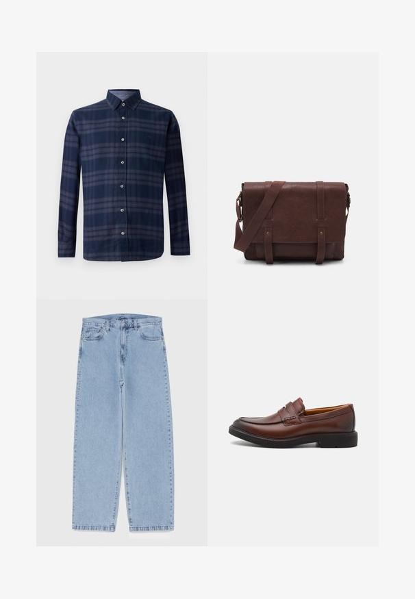 Granatowa koszula w kratę z długim rękawem, z zapięciem na guziki i spiczastym kołnierzykiem, wyeksponowana na białym tle.; Jasnoniebieskie dżinsy o prostym kroju nogawki, z średnim stanem, pięcioma kieszeniami oraz zapięciem na guzik i zamek błyskawiczny.; Brązowe skórzane loafersy z okrągłym noskiem, dekoracyjnym przeszyciem i czarną gumową podeszwą. Gładka tekstura i minimalna ilość detali w designie.; Brązowa skórzana torba na ramię z płaskim klapem z przodu, dwoma paskami, złotymi akcentami oraz regulowanym paskiem na ramię.
