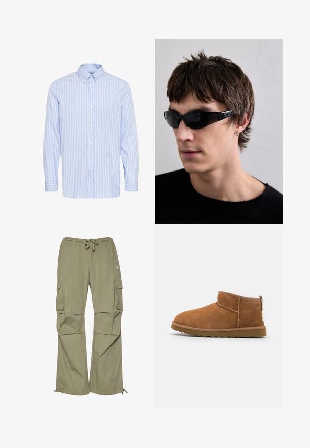 Světle modrá košile s dlouhým rukávem, knoflíková, s bílými vertikálními pruhy a jedním náprsním kapsou. Obsahuje klasický límec a knoflíkové manžety.; Kargo kalhoty v olivově zelené barvě, vyrobené z lehkého materiálu, s elastickým pasem, nastavovacími manžetami a několika bočními kapsami.; Světlé semišové kotníkové boty s kulatou špičkou, jemnými švy a texturovanou gumovou podrážkou. Krátká výška bez šněrování.; Černé sluneční brýle s hladkým, obepínajícím designem a lesklým povrchovým úpravou. Mají logo na stranách a lehký rám.