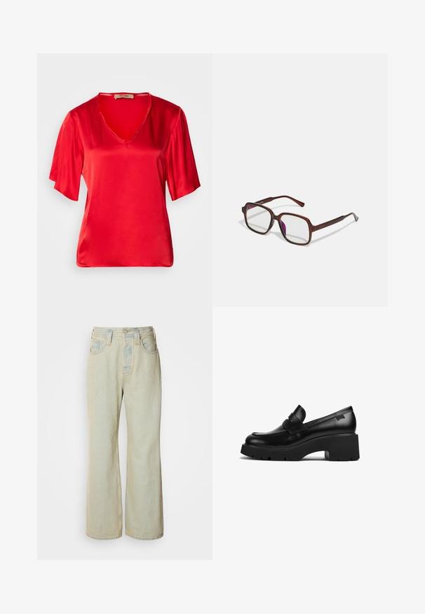 Rød satintopp med V-hals og korte, lett utsvingte ermer. Stoffet har en glatt tekstur og en blank overflate.; Lyseblå vide jeans laget av denim, med høy midje, fem lommer og subtil falming med kontraststing.; Svart lær loafer med tykke hæler og tykt såle med en stroppdetalj over toppen, vist fra siden på en hvit bakgrunn.; Brune, rektangulære briller med transparente glass og lilla nyanser. Glatt plastikkramme med rette templer og subtile detaljer.; Sølv ringøredob med en polert finish, med små gull detaljer og en rund form, båret på øreflippen.