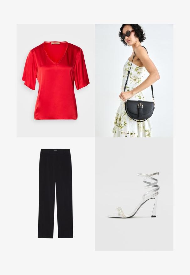 Sarkana satīna blūze ar V veida kakla izgriezumu un īsām, nedaudz izplatītām piedurknēm. Audumam ir gluda tekstūra un spīdīga virsma.; Melni korduroja bikses ar taisnu piegriezumu, ar plakanu jostasvietu un bez redzamām kabatām, gluda tekstūra un vertikālas ribas detaļa.; Sudrabaini augstpapēžu sūna ar spīdīgu siksnu dizainu, kurā ir pērlēm līdzīgs akcents un spirālveida potītes siksna drošai pieguvei.; Melnas ādas rokassoma ar izliekta formu, noņemamu siksnu un zelta aksesuāriem. Somai ir vāciņš ar sprādzes detaļu.