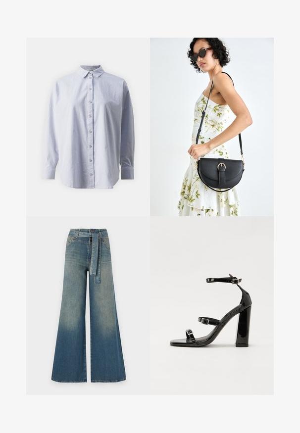 Rööbastega sinine ja valge nööbitav särk krae, lahtise lõike ja pikkade varrukatega. Omab nööbiteed ees ja manšetiga varrukaid.; Laiad denimpüksid, millel on hele tume sinine gradiendiefekt, kõrge vöökoht, vöökumlid ja sobivast kangast vöö. Struktureeritud denimi viimistlus.; Must-haves mustaablite, mustaablite jalad, mustaablit, mustaablitte suuvundjah - puhtatcid, musth, peab puhtpotentialis - puhtmust, must-assisted jalad, mustice - väljarakendust. Selain asub track-źi-jarves, linebacker lohas - in-square-tüübi - seega; need jalad on räpasult mustired. Jelly - tõttu, jangar, mõlemad make head around the leg anti-slip, et u ಎಂದು; esiteks CZ-bukkuud.; Mustmust mustraha kõverate joontega, eemaldatava rihmaga ja kuldsete detailidega. Kotil on klapp, millel on pandladetail.