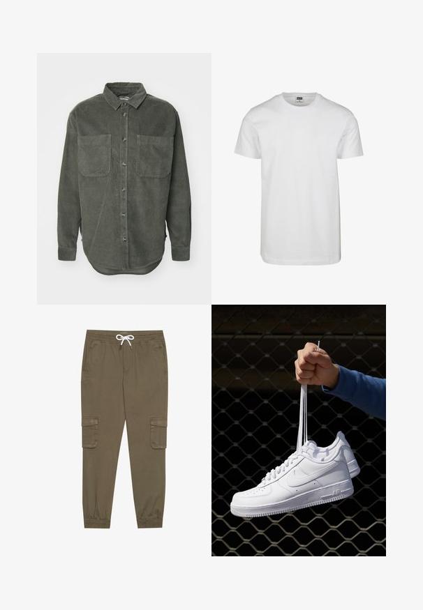 Chemise en velours côtelé vert avec une fermeture à boutons, col pointu, deux poches poitrine et manches longues avec poignets à boutons, présentant un ourlet droit.; T-shirt en coton blanc avec un décolleté rond, des manches courtes et une coupe décontractée. L'étiquette indique "URBAN CLASSICS." Texture lisse, sans motifs ni accents.; Pantalons cargo kaki avec une taille élastique et un cordon de serrage, dotés de poches latérales et de chevilles côtelées. Fabriqués en matériau texturé et léger.; Baskets en cuir blanc avec perforations, à bout rond, semelle plate et lacets épais, arborant un logo swoosh visible et "AIR" sur le talon.