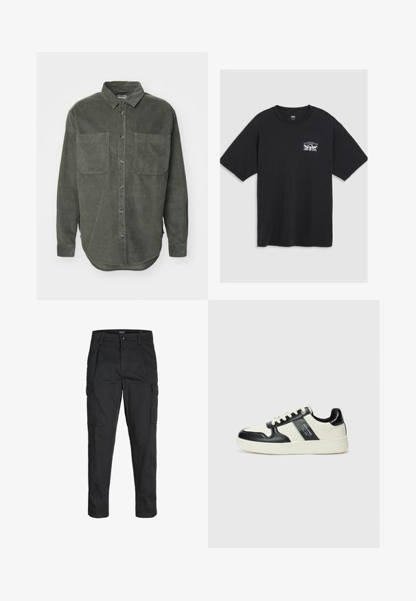 Green corduroy shirt with a button-up front, pointed collar, two chest pockets, and long sleeves with buttoned cuffs, featuring a straight hem.; Black cotton t-shirt with short sleeves, crew neck, and a small white graphic print at the chest featuring a stylized design.; Black cargo pants made of sturdy fabric, featuring multiple pockets, a button closure, and a slim fit design with tapered legs.; Leather sneakers with a black and cream color scheme, featuring perforated accents, a padded collar, and a textured outsole.