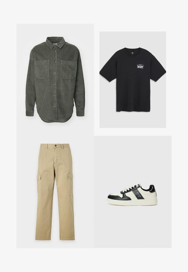 Zelená kordurová košeľa s gombíkovým zapínaním vpredu, špicatým golierom, dvoma náprsníkovými vreckami a dlhými rukávmi s gombíkovými manžetami, so zarovnaným lemom.; Čierne bavlnené tričko s krátkymi rukávmi, okrúhlym výstrihom a malým bielym grafickým potlačou na hrudi, ktorá zobrazuje stylizovaný dizajn.; Bežové cargo nohavice vyrobené z bavlny, s dvoma bočnými vreckami, zapínaním na gombík a rovným strihom s mierne textúrovanou tkaninou.; Kožené tenisky v čierno-krémovej farbe, s perforovanými akcentmi, polstrovaným golierom a štruktúrovanou podrážkou.