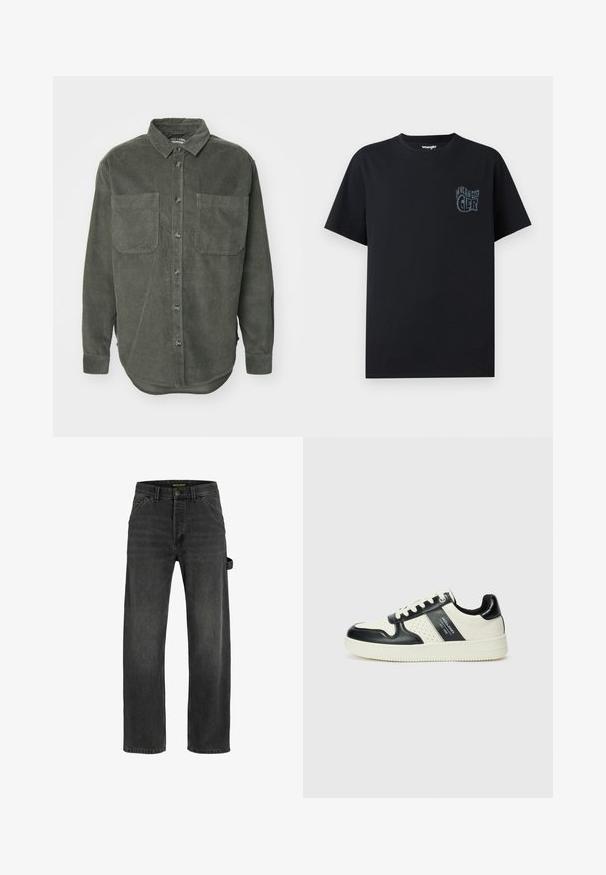 Groene corduroy overhemd met knoopsluiting aan de voorkant, puntkraag, twee borstzakken en lange mouwen met knoopmanchetten, met een rechte zoom.; Zwarte katoenen t-shirt met een blauw grafisch logo op de linkerborst. Korte mouwen en een klassieke ronde hals. Eenvoudig en onopgesmukt ontwerp.; Donkergrijze denim jeans met een rechte snit, vijf zakken, een metalen knoopsluiting en een zijbandafwerking.; Leren sneakers met een zwart en crèmekleurig kleurenschema, voorzien van geperforeerde accenten, een gevoerde kraag en een gestructureerde buitenzool.