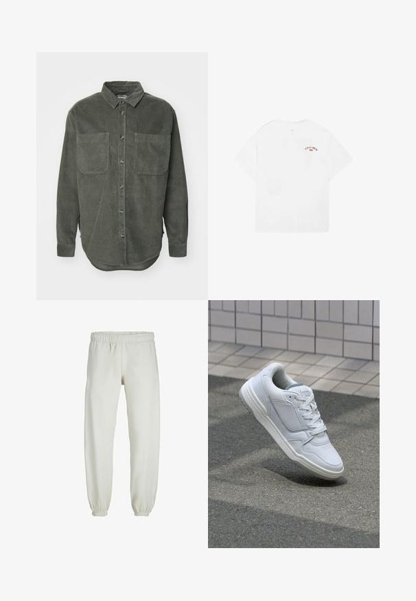 Chemise en velours côtelé vert avec une fermeture à boutons, col pointu, deux poches poitrine et manches longues avec poignets à boutons, présentant un ourlet droit.; T-shirt blanc en coton à manches courtes, col rond, avec un petit graphique portant l'inscription "LA VILLE LUMIÈRE" en noir et rouge dans le dos, en haut.; Pantalons de survêtement blancs en tissu doux, avec une taille et des poignets élastiques, présentant une texture lisse et un design ample.; Baskets en cuir blanc avec des côtés perforés, des accents texturés, des lacets plats et un talon gris contrasté. Présente une semelle légèrement surélevée.