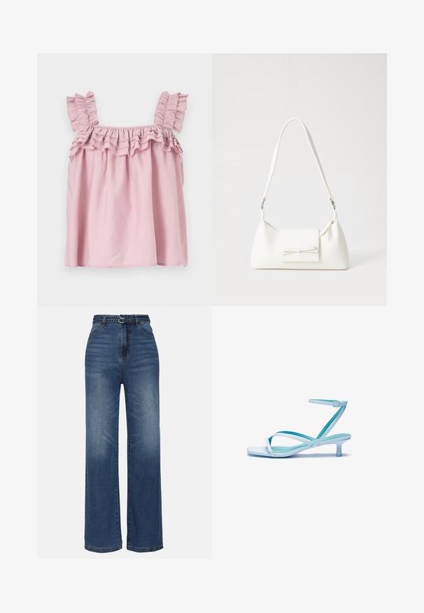 Pink sleeveless top with ruffled shoulder straps and a gathered neckline. Made of lightweight fabric, featuring a loose, flowing shape.; Wide-leg blue denim jeans with a high waist, featuring two metal buckle accents, subtle fading, and standard five-pocket design.; Light blue strappy sandal with a square toe, low heel, adjustable ankle strap, and smooth, glossy finish. Crossed straps on the footbed.; White synthetic handbag with a triangular shape, flat front flap and bow detail, adjustable strap, smooth texture, and minimalistic design.