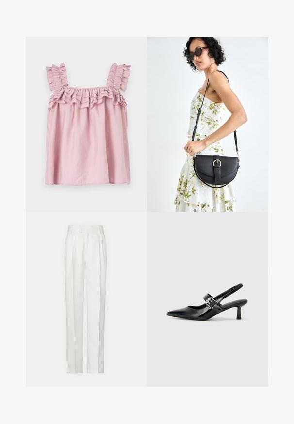 Ružová bezrukávová blúzka s volánovými ramienkami a zberaným výstrihom. Vyrobená z ľahkej látky, s voľným a tečúcim strihom.; Biele pruhované nohavice so strihať priamym strihom, vyrobené z ľahkého materiálu. Obsahujú preklady vpredu a klasický pás.; Čierne patentové kožené sandále na podpätku so špicatou špičkou a malým blokovým podpätkom, s dekoratívnou striebornou sponou na remienku.; Čierna kožená kabelka s zaobleným tvarom, odnímateľným popruhom a zlatými doplnkami. Kabelka má klopu s detailom s prackou.