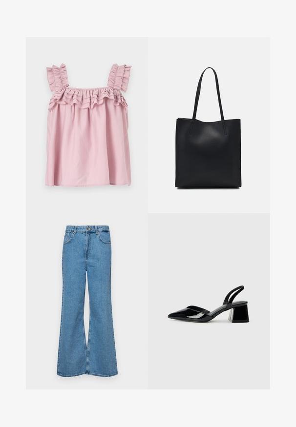 Vaaleanpunainen hihaton toppi, jossa on röyhelöillä varustetut olkaimet ja kerrottu kaula-aukko. Kevyeistä materiaaleista valmistettu, ja siinä on löysä, virtaava muoto.; Vaaleansiniset leveälahkeiset farkut, joissa on korkea vyötärö, viisi taskua ja yksi napin sulkeminen. Pehmeä pinta, jossa on haalistunut viimeistely.; Mustat patentoitu nahkakengät, joissa on säären takaosa ja terävä kärki, sekä geometrinen palikkakorko. Sisältää tyylikkään, minimalistisen muotoilun ja sileän pinnan.; Mustapahkainen kangaskassi, jossa on sileä pinta, suorakaiteen muotoinen ja kaksi pitkää kahvaa. Ei näkyvää metalliosaa tai koristeita.