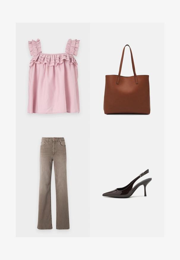 Rosa ärmelloses Oberteil mit Rüschenträgern und gerafftem Halsausschnitt. Aus leichtem Stoff gefertigt, mit einer lockeren, fließenden Form.; Braune hoch taillierte Straight-Leg-Jeans mit vorderem Knopf, Gürtelschlaufen und klassischem Fünf-Taschen-Design auf weißem Hintergrund.; Slingback-Pumps aus glänzendem dunklen braunen Lackleder, mit spitzer Zehenpartie, offenen Seiten und verstellbarem Knöchelriemen.; Braune Leder-Tote mit glatter Textur, offenem Oberteil und zwei Schulterriemen. Verfügt über minimale Nähte und keine sichtbaren Beschläge.