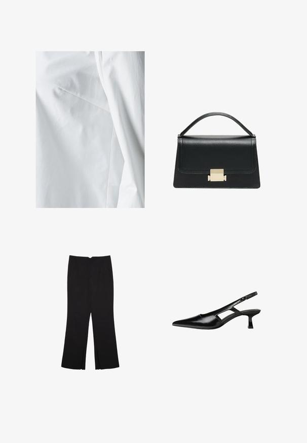 SOMETHINGNEW Button-down blouse - bright white; Black trousers with a straight fit, featuring front pockets and side slits at the hem. Made of soft, smooth fabric. Suitable for various occasions.; Black patent leather slingback heels with a pointed toe, cut-out side design, and a small square heel. Smooth texture with minimal accents.; Black leather handbag with a structured design, top handle, and a gold metal clasp detail on the front. Smooth texture, minimal stitching.