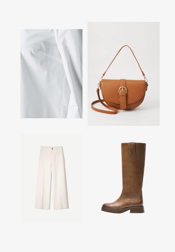 SOMETHINGNEW Overhemdblouse - bright white; Crème brede broek met een tailored ontwerp, voorzien van twee voorzakken en een enkele sluiting met een knop aan de voorkant, gemaakt van een gladde stof.; Bruine leren laars tot de knie met een ronde neus, gestructureerd oppervlak en een lage, gestapelde hak. Beschikt over een zijpaneel en een aantrektap aan de bovenkant.; Bruine leren schoudertas met een gebogen vorm, gouden hardware en een gespaccent. Bevat een afneembare schouderriem.