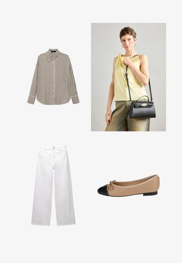 Striped button-up shirt in cream and black, featuring a collar, long sleeves, and a relaxed fit with a straight hemline.; White wide-leg jeans made from denim. Features button closure, front and back pockets, and stitched seams. Smooth texture with minimal detailing.; Ballet flat in beige leather with a black cap toe. Features a front bow detail and a smooth texture. Low profile design with a rubber sole.; Black leather handbag with a structured design, top handle, and adjustable strap. Smooth texture and a gold hardware clasp detail.