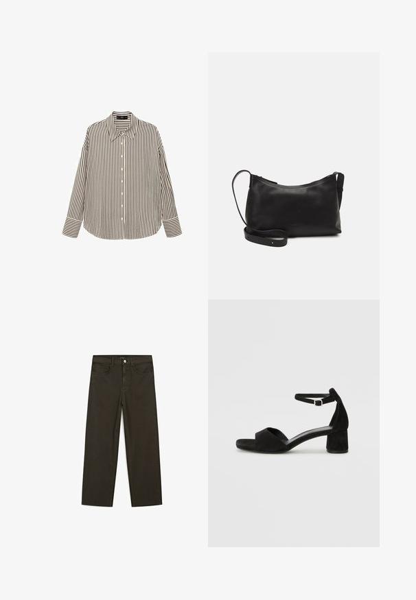 Gestreept overhemd in crèmekleur en zwart, met een kraag, lange mouwen en een ontspannen pasvorm met een rechte zoom.; Donkergroene wijde jeans van een katoenmix, met een sluiting met een voorste knop, vijf zakken en klassieke denimstiksels.; Zwarte suede hakken met een dunne enkelband, open teen ontwerp en een bescheiden blokhak. Zachte textuur en minimale accenten.; Zwarte leren schoudertas met een gladde textuur, gebogen vorm, verstelbare schouderband en een ritsafsluiting. Minimalistisch ontwerp zonder versieringen.