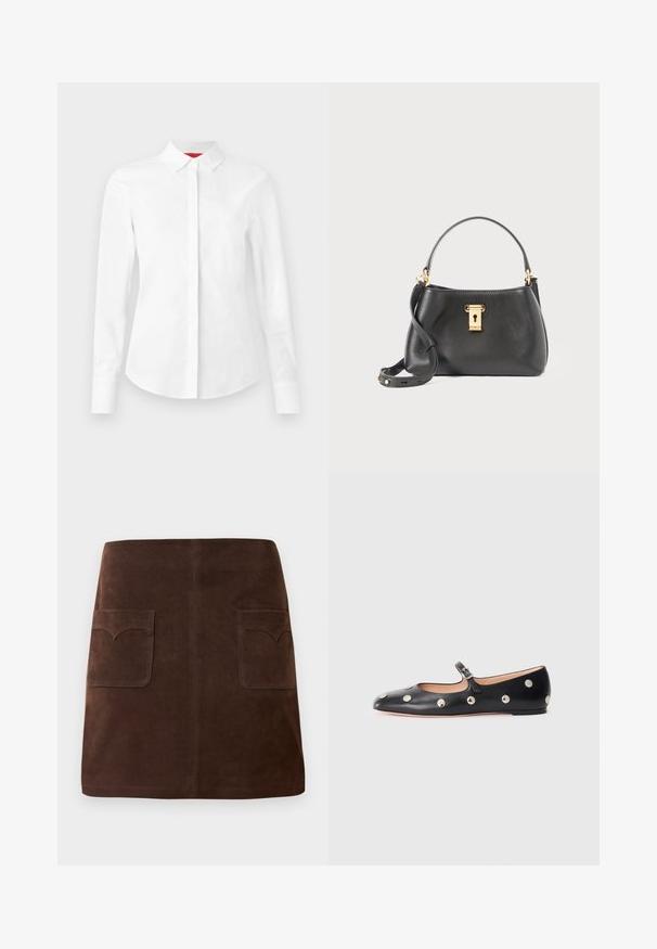 Bijela košulja dugih rukava s gumbima, oštrim ovratnikom, skrivenim gumbima i prilagođenim krojem na jednobrojnoj pozadini.; Smeđa suknja od antilopa s klasičnim A-linijom, dva prednja džepa s zaobljenim poklopcima i suptilnim detaljima šivanja.; Crne kožne Mary Jane balerinke s zaobljenim vrhom, koje sadrže srebrne kružne zakovice i podesivu traku s kopčom.; Crna kožna torbica s teksturiranim završetkom, s zlatnom bravicom, kratkom drškom i uklonjivim remenom za rame.