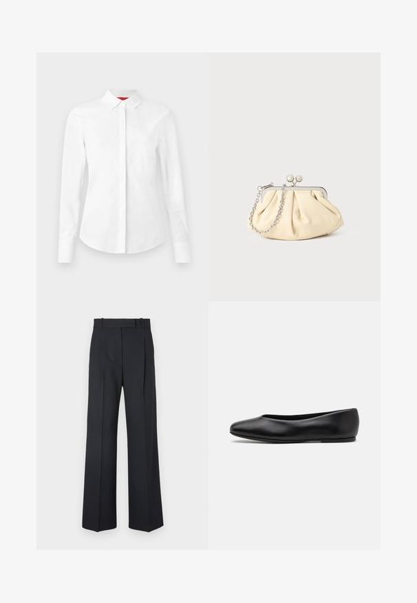 Biała koszula z długim rękawem, z guzikami na stójce, z ukrytym zapięciem i dopasowanym krojem na jednolitym tle.; Ciemnoniebieskie spodnie w paski z wysokim stanem, szerokimi nogawkami i bez widocznych elementów metalowych lub ozdób. Gładka tekstura i dopasowany krój.; Paul Smith TOPANGA czarny; Złożona beżowa skórzana kopertówka z srebrną metalową ramą, z dwoma okrągłymi dekoracyjnymi zapięciami i srebrnym łańcuszkiem.
