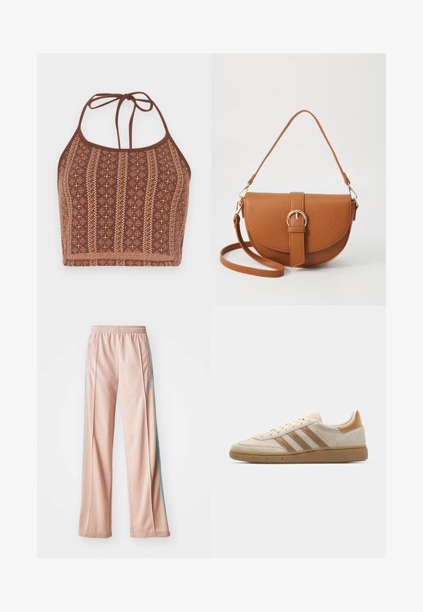 Brunmönstrad halterneck crop top med geometriska mönster och off-white detaljer, justerbara nackband och en mjuk texturerad yta.; Ljusrosa träningsbyxor med avslappnad passform, som har blå sidostråkar och dragsko i midjan. Tillverkade av ett mjukt, lätt tyg.; Beige mockakesskor med ljusbruna detaljer. Har tre bruna ränder, strukturerad gummisula och en rundad tådesign.; Brun läder crossbody-väska med en böjd form, gyllene detaljer och en spänneaccent. Har en avtagbar axelrem.