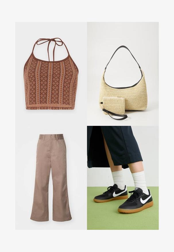 Rjava vzorčasta halter crop majica z geometrijskimi motivi in off-white akcenti, nastavljivimi vrvicami za vrat in mehko strukturirano površino.; Rjave bombažne hlače širokih nogavic z visokim pasom, sprednjimi žepi in gladko teksturo. Rob je rahlo razširjen.; Črne usnjene in sintetične superge z belim Nike swooshom, gumo na podplatu, okroglo konico ter črnimi vezalkami. Vidne so rebraste bele nogavice.; Tkana torbica iz slame s zakrivljenim siluetom, ki vključuje gladek črn usnjen trak in usklajen majhen žep, pritrjen z ročajem za zapestje.