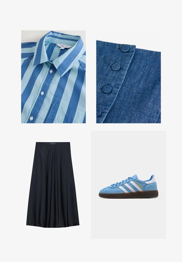 Chemise à rayures bleues et bleu clair avec un col, six boutons et une poche poitrine, fabriquée dans un tissu lisse.; Tissu en denim de couleur bleu foncé avec une finition texturée. Présente des boutons ronds recouverts de tissu le long du bord et un détail de couture en diagonale.; Jupe noire, arrivant aux genoux, en tissu léger avec un design fluide. Présente une texture lisse et de subtils plis pour un détail supplémentaire.; Baskets en suède bleu clair avec des rayures en cuir blanc, une semelle texturée marron et un détail de logo doré. Design basse avec un bout rond.