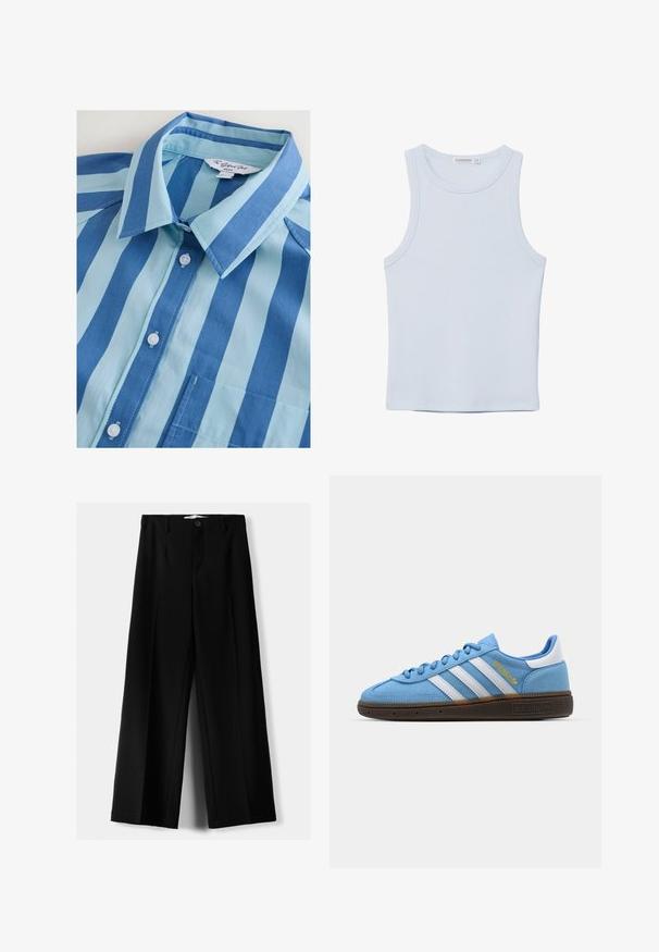 Blå og lyseblå stribet skjorte med knapper, krave, seks knapper og en brystlomme, lavet af glat stof.; Lyseblå ærmeløs tanktop lavet af blødt bomuldsstof. Den har en rund halsudskæring og glatte kanter, uden synlige mønstre eller detaljer.; Sorte brede bukser lavet af letvægtsstof, med frontknaplukning og glat front, samt pænt syede kanter.; Lyseblå ruskinds sneakers med hvide læderstribes, en brun struktureret sål og detaljer i guld. Lav-top design med rund tå.