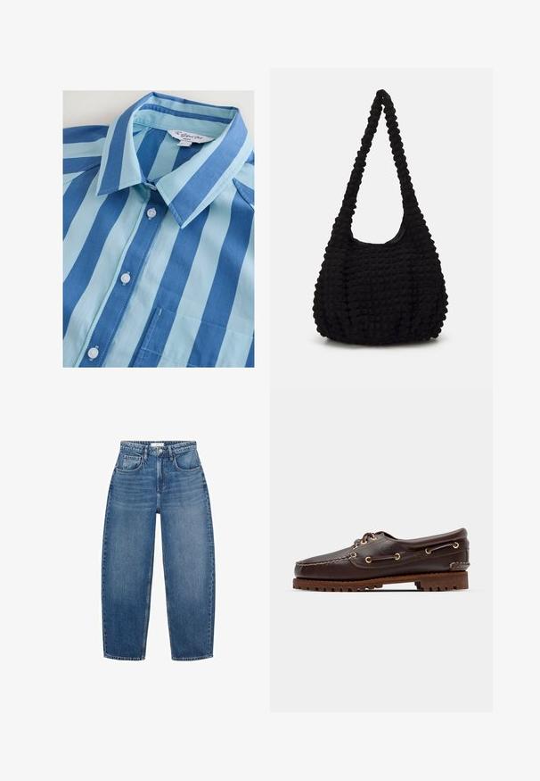 Svetlo modra in modra črtasta srajca s kratkimi rokavi, ovratnikom, šestimi gumbi in žepom na prsih, izdelana iz gladkega materiala.; Visoko pasovi modri traper hlače s ravnim krojem, ki imajo pet žepov, pasne zanke in subtilno zbledelost za dodaten tekstur.; Rjave usnjene čolnarske čevlje z zlatimi očesi, okroglicami in teksturiranim rjavim gumijastim podplatom. Ima šivano podrobno obdelavo in dvignjen logotip.; Črna teksturirana platnena torba z enim zasukanim trakom, ki se ponaša z mehkobo in zbranim oblikovanjem površine.