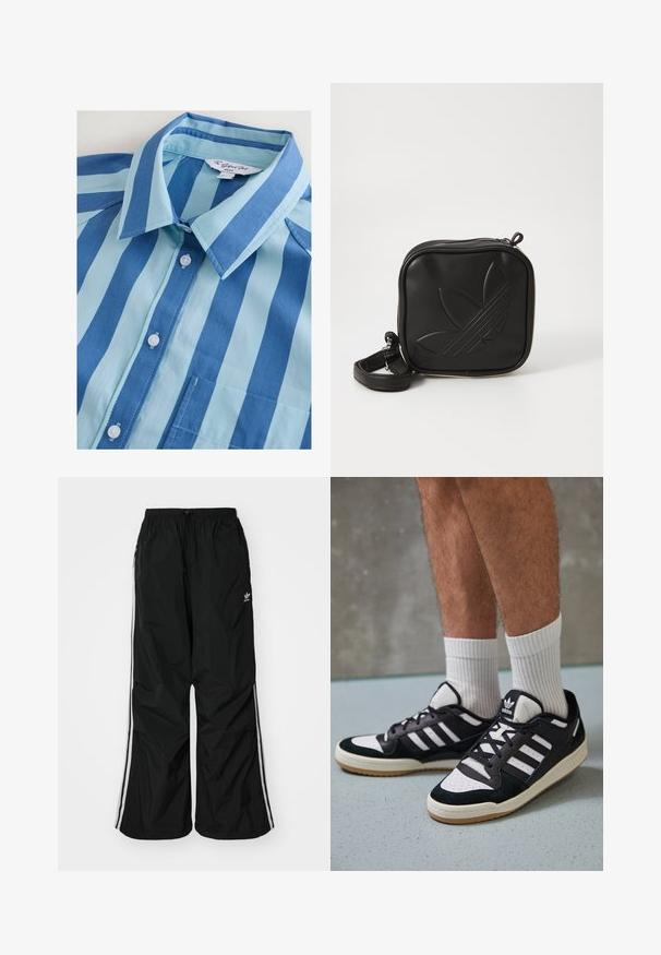Blau- und hellblau gestreiftes Hemd mit Kragen, sechs Knöpfen und einer Brusttasche, aus glattem Stoff gefertigt.; Schwarze Windbreaker-Hose mit elastischem Bund, Kordelzug, weißen seitlichen Streifen, lockerer Passform und einem kleinen Logo auf der linken Seite.; Schwarz-weiße Sneaker mit einem Obermaterial aus Wildleder und Leder, ausgestattet mit drei weißen Streifen, einer perforierten Zehenpartie und einer Sohle aus Gummi.; Schwarze Umhängetasche aus strukturiertem synthetischem Material. Verfügt über ein eingeprägtes Logodesign und einen verstellbaren Riemen. Mit Reißverschluss geschlossen.