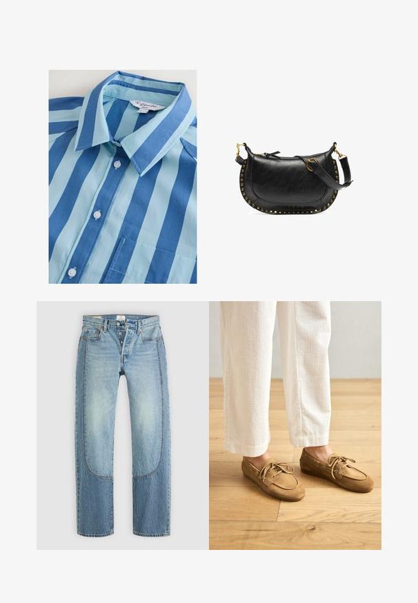 Plava i svijetloplava prugasta košulja s dugim rukavima, ovratnikom, šest dugmadi i džepom na prsima, napravljena od glatkog materijala.; Svijetloplave traperice s ravnim, opuštenim krojem, s kontrastnim panelima i dizajnom od pet džepova. Zatvaranje na gumb.; Smeđe nubuk čamac cipele s vezicama, s okruglim vrhom i šivenim detaljima. Nosi se s bijelim kudravo hlačama u drvenom okruženju.; Crna kožna torba s zakrivljenim oblikom, zlatnim zakovicama duž ruba, podesivim remenom i bočnom petljom za dodatni detalj.
