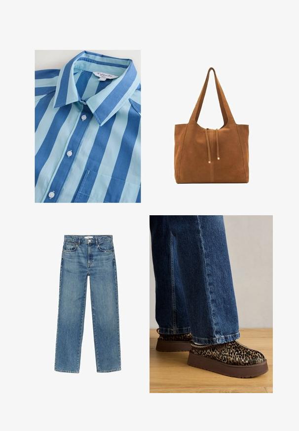 Cămașă cu dungi albastre și albastre deschise, cu guler, șase butoane și un buzunar pe piept, fabricată dintr-un material neted.; Jeans din denim albastru deschis cu un design cu picior drept, cinci buzunare și un închizător cu nasture la talie. Prezintă cusături vizibile și un finisaj decolorat.; Ghete slip-on cu imprimeu de leopard și talpă groasă maro, asortate cu blugi evazați albastre, așezate pe un podea din lemn.; Geantă tote din suede maro cu două mânere lungi, închidere prin șnur și un design minimalistic. Textură netedă și fără accente vizibile de hardură.