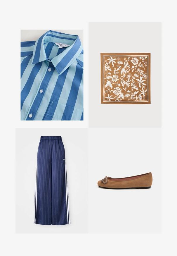 Blå og lyseblå stribet skjorte med knapper, krave, seks knapper og en brystlomme, lavet af glat stof.; Mørkeblå brede bukser med lodrette hvide striber, elastisk talje og tre hvide striber langs hver side, lavet af et let materiale.; Brune suedede balletflade med en rund tå, prydet med en dekorativ rebknude på fronten og en flad sål.; Brun silkeslørf med hvide blomsterprint, indrammet med en hvid kant. Glat tekstur og firkantet form.; COACH SWING ZIP BAG 20 - Håndtasker - light blue